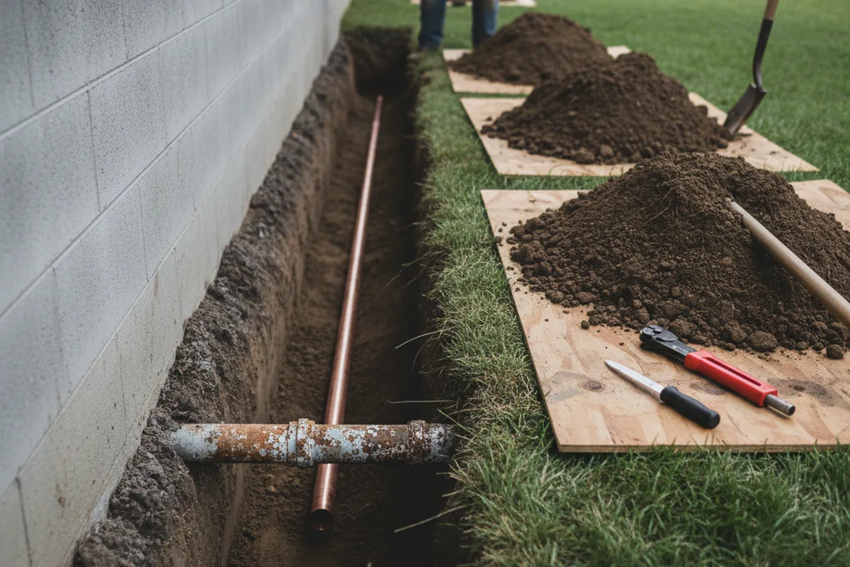 Excavated water line trench during Water Softener Installation in Kalama